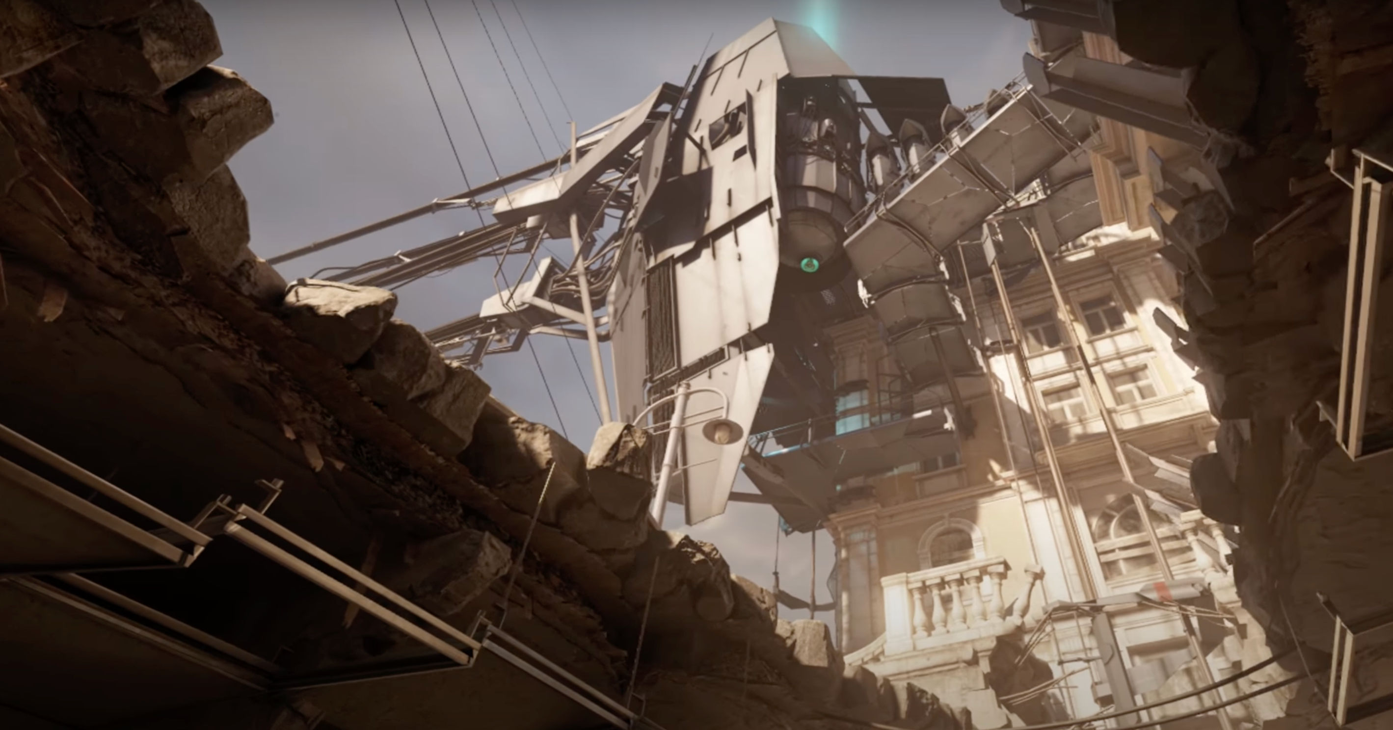 A screenshot from the VR game, Half-Life: Alyx. It depicts an ultra realistic virtual environment, showing buildings and other structures. 